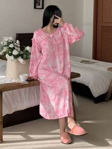 DAZY Tie-Dye Print Ruffle Trim Long Nightgown For Women - Pink - View 5