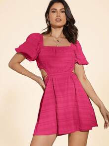 Coeurva 方领泡泡袖春假夏日连衣裙 - 玫紅色 - 查看 4