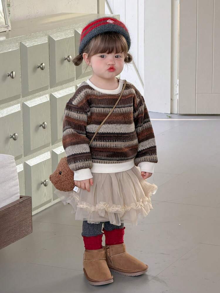 Toddler Girls' Round Neck Striped Long Sleeve Sweatshirt, Autumn/Winter