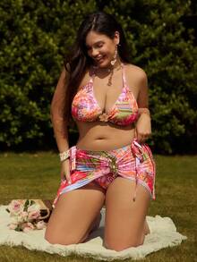 Swim Vcay 3 Stücke Bademode Set in Große Größen: Blumen- und Leoparden-Muster Bikini + Strandkleid, eleganter Strandurlaub - Verschiedenfarbig - Übersicht 5