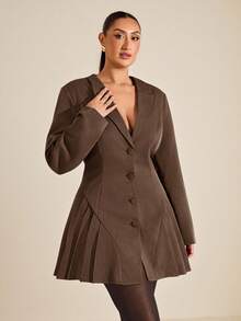 SHEIN BAE 秋冬季大码优雅通勤褶裥前开襟纽扣连衣裙 - 棕色 - 查看 5