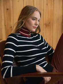 Activina Suéter de cuello alto casual y deportivo con bloques de color y rayas para mujer, otoño/invierno - Blanco y Negro - Ver 8