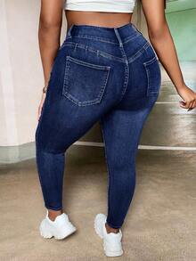 SHEIN SXY Women's Plus Size Distressed Skinny Jeans - Dark Wash - View 2