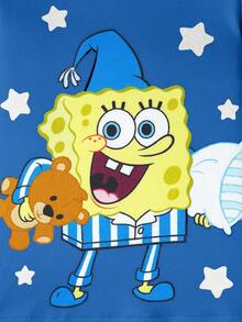 SpongeBob SquarePants | SHEIN 2件套男婴卡通图案圆领长袖上衣和裤子针织舒适休闲弹力睡衣套装 - 藍色 - 查看 5