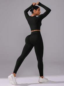 Eassivo Women's Solid Color Raglan Sleeve T-Shirt And High Waist Leggings Seamless Sports Set Workout Legging Two Piece Set Curve Activewear Set Curve Workout Set - Black - View 2