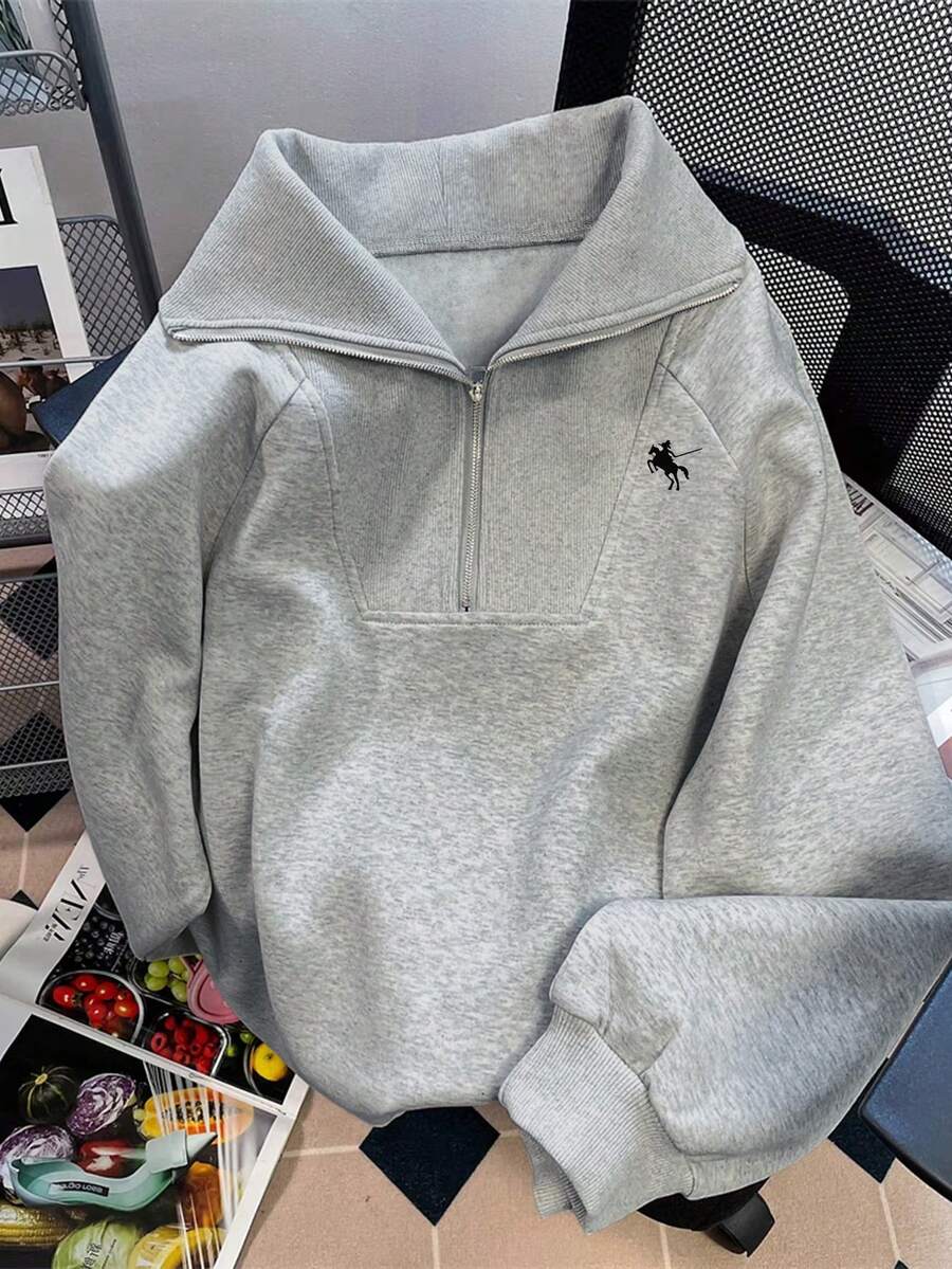 INAWLY 休闲宽松高领拉链半拉链图案印花长袖套头衫秋季 - 灰色 - 查看 1