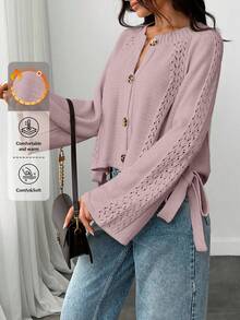 EURMUSE Women Button Front Cut Out Tie Detailed Spring Cute Cardigan - Dusty Pink - View 1