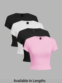 SHEIN Tall CURVE 加大码四件套纯色短款圆领短袖修身女式T恤，适合夏季穿着 - 彩色 - 查看 8