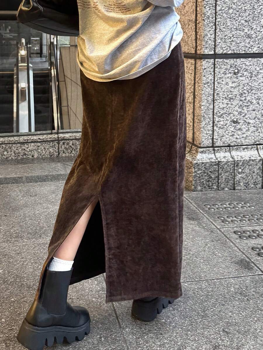 FRIFUL Women's Straight Corduroy Slit Hem Skirt
