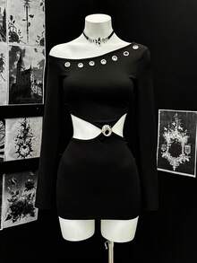 EgrlEra 女士性感不对称露肩长袖金属孔眼镂空迷你连衣裙 - 黑色 - 查看 3