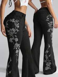 SHEIN PETITE Women's Floral Pattern Flared Jeans - Black - View 6