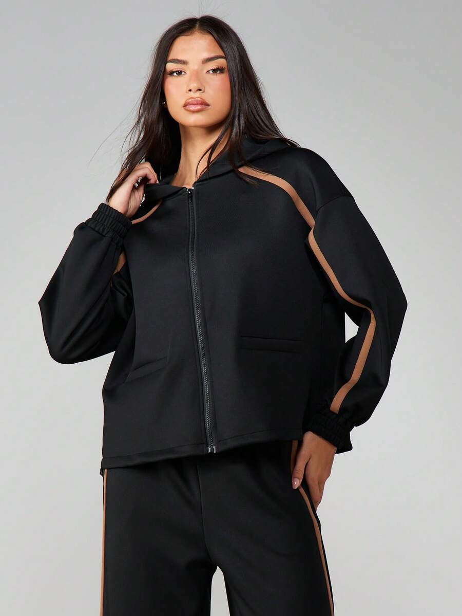 MISSGUIDED Zip Through Hoodie With Contrast Stripe Detail Long Sleeve Casual Fall Winter Streetwear Oversized Comfort Sweatshirt - Black - View 1