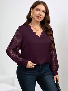 Chikora Plus Size Women's V-Neck Lace Patchwork Sunflower Blouse, Spring - Purple - View 4