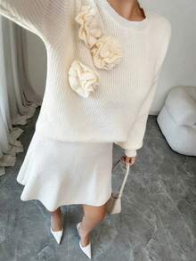 SHEIN Elenzya Women's Elegant Round Neck Handmade Floral Decor Top And Pleated A-Line Skirt 2 Pieces Knit Set, Autumn - Apricot - View 3