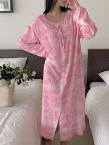 DAZY Tie-Dye Print Ruffle Trim Long Nightgown For Women - Pink - View 4