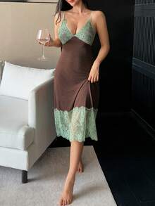 DAZY 迷人撞色蕾丝拼接碎花吊带裙，女士款 - 咖啡棕 - 查看 4