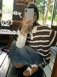 DAZY Women's Turndown Collar Striped Korean Style Casual Long Sleeve 2 In 1 Street T-Shirt