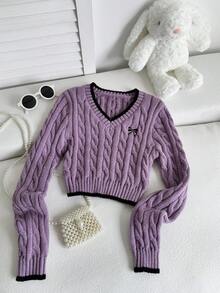 SHEIN 少女蝴蝶结刺绣V领长袖休闲毛衣，秋冬季 - 紫色 - 查看 4