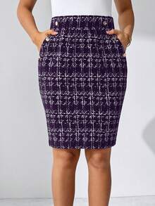 SHEIN Clasi 女士优雅仿香水口袋金属扣夏季半身裙，适合通勤和休闲穿着 - 紫色 - 查看 3