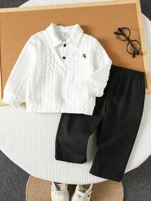 SHEIN 2件套男婴可爱二合一白色上衣和松紧腰裤套装，适合生日派对、晚宴、演出、婚礼、迎婴派对、一周岁生日庆祝活动。 - 彩色 - 查看 9