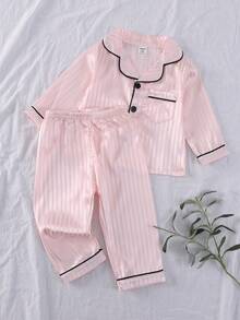 Baby Girls Satain Pajamas-2 Piece Collared Long Sleeve Button Front Pajama Set With Long Pants Pink Striped And White Bow Print Black Piping All Season Sleepwear Cozy Gentle For Naptime Playtime Family Matching Gift 2026 Holiday Must Have Spring To Summer - Multicolor - View 6