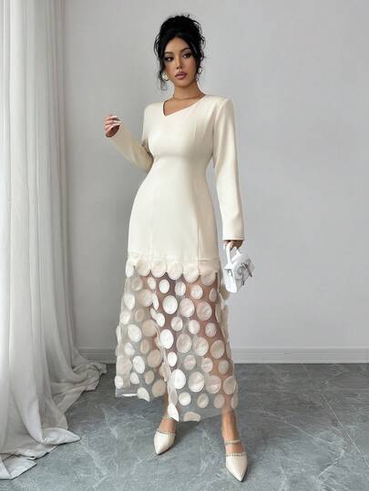 Modelyn Vestido elegante de unicolor con parches de malla y flores con escote asimétrico