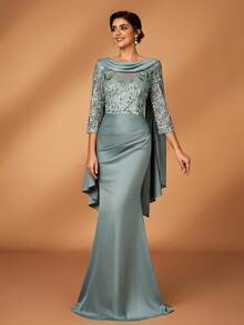 Serin Elegant Luxurious Pearl, Sequin & Lace Applique Sheer Sleeve Patchwork Elastic Satin Ruched Flounce Mermaid Skirt, Suitable For Wedding, Party, Vacation, Prom, Mother Of The Bride Evening Gown