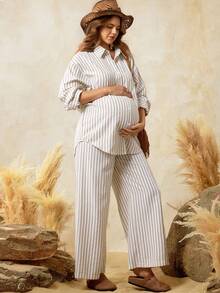 SHEIN BOHO 2pcs Maternity Set: Striped Drop Shoulder Long Sleeve Shirt And Adjustable Waist Wide Leg Pants, Casual
