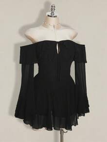 SHEIN ICON 秋季大码极简露肩喇叭袖连衣裙 - 黑色 - 查看 5