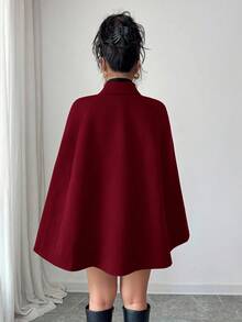 SHEIN PETITE 女士休闲英伦风时尚双排扣羊毛斗篷大衣 酒红色 女士外套 女士冬季外套 女士酒红色斗篷 - 紅色 - 查看 2