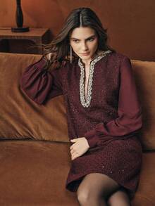 Anewsta Rhinestone Embellished Deep V-Neck Long Sleeve Mini Party Dress For Women