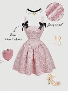 SHEIN MOD Vestido Mini com Alça de Corrente de Pérolas e Laço, Moda Feminina - Rosa chiclete - Visão 6