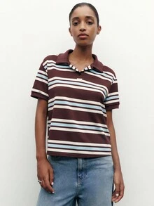 Nöista Short-Sleeve Striped Polo Shirt With A Straight Relaxed Fit, Offering A Vibrant Retro-Inspired Look That Is Casual, Versatile And Easy To Style For Women's Winter Outfits; Perfect For Everyday Wear, Urban Outings, Travel, Light Layering With Sweaters Or Windbreakers, And Effortless Casual Looks For The Christmas Season And New Year. - Multicolor - View 5