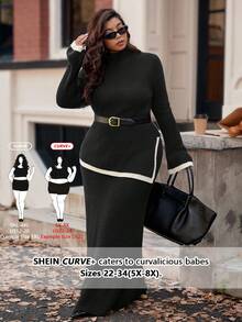 SHEIN CURVE+ 大码针织法式撞色滚边长袖不对称下摆开衩休闲通勤优雅毛衣上衣，搭配常规腰部宽松直筒针织半裙，适合秋冬季穿着。 - 黑色 - 查看 7