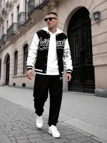 2pcs/Set Teens' Contrast Color Letter Print Baseball Jacket And Sports Pants, Casual Sportswear Set, Spring/Autumn - Black and White - View 1