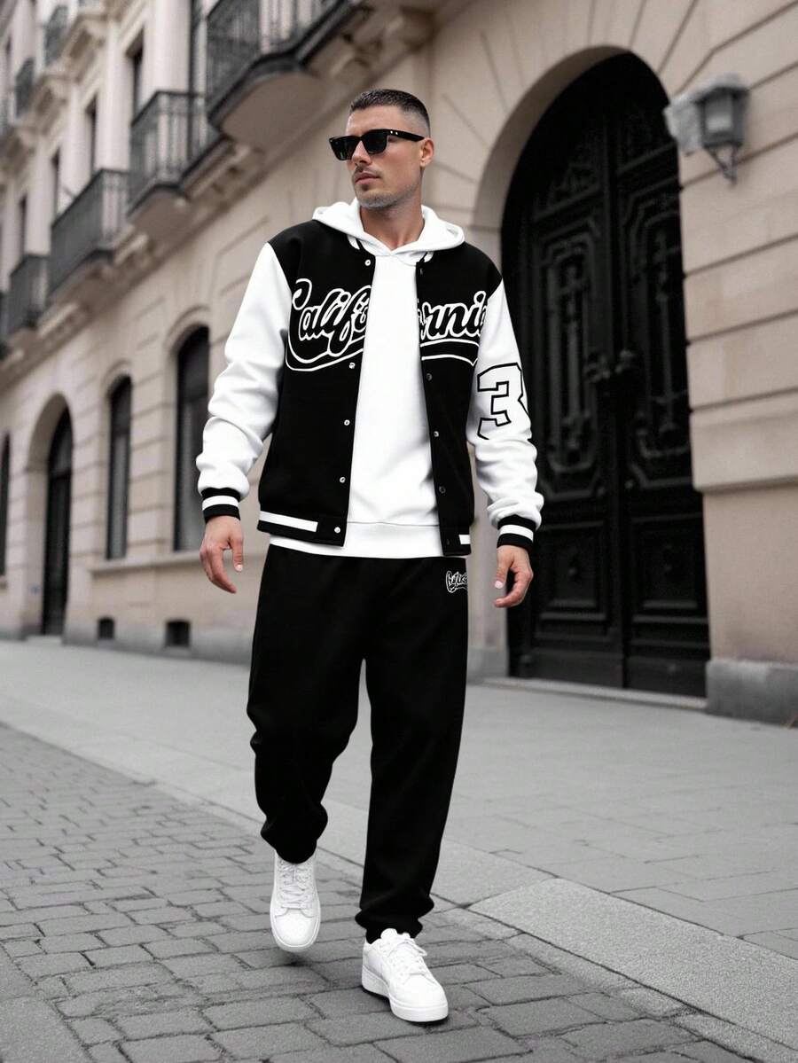 2pcs/Set Teens' Contrast Color Letter Print Baseball Jacket And Sports Pants, Casual Sportswear Set, Spring/Autumn - Black and White - View 1