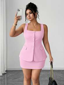 Elenzga 加大码弹力纹理面料无袖背心（带口袋装饰）+纹理面料裹身裙休闲套装，2件套 - 淺粉色 - 查看 3