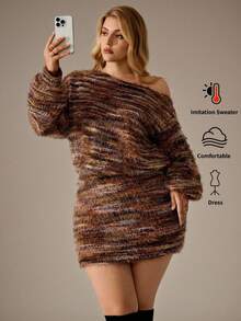 Auralis Vestido mini de punto suave con rayas, de cintura alta, con hombros descubiertos y manga larga, ajustado al Body, estilo retro Y2K, para mujer de talla grande, con parte superior holgada y Bottom ajustada, que estiliza la figura