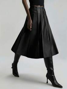 Ontre Women's PU Leather Pleated Pencil Skirt, Urban Commute Business Elegant, Suitable For Valentine's Day Party