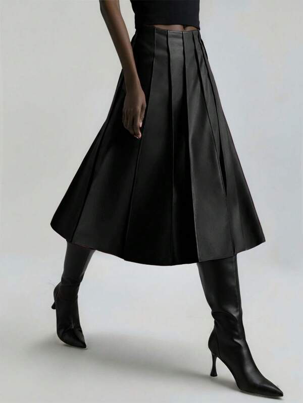 Ontre Women's PU Leather Pleated Pencil Skirt, Urban Commute Business Elegant, Suitable For Valentine's Day Party