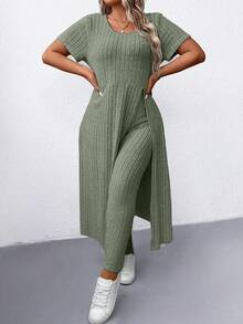 EURMUSE Plus Size Women Solid Color Round Neck Short Sleeve Side Slit Hem Long Ribbed T-Shirt And Pants Casual 2 Piece Set - Mint Green - View 3
