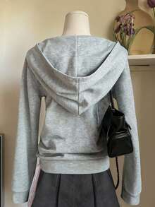 INAWLY Retro American Design Gray Hooded Zip-Up Sweatshirt - Light Grey - View 2