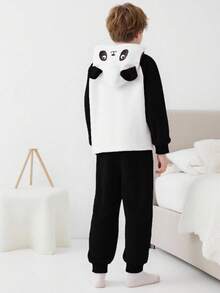 Genkimix Kids 2pcs/Set Boys' Playful Panda Embroidery Hooded Long Sleeve Top And Pants Casual Comfortable Loungewear Kids Loungewear Kids Pajama Kids Sleep Wear Kids Long Pajama Sets Kids Panda Pajama - Black and White - View 2