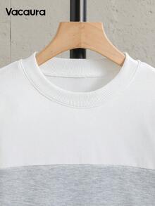 SHEIN Vacaura 男童学院风通勤风格圆领长袖运动衫，袖子有条纹拼接，百搭，适合日常穿着