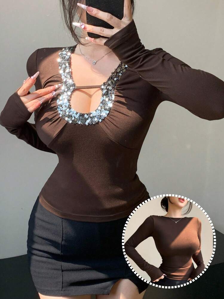 Brushed Hollow Out Lace-Up Fitted Base Layer Top, Sparkling Rhinestone Embellished, Fashion Brown Color, Suitable For New Year, Christmas, Wedding, Party, Elegant Women T-Shirt Long Sleeve