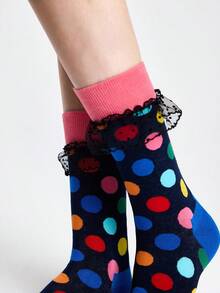 ROMWE Kawaii Tất cổ cao họa tiết chấm bi lưới xếp nếp dễ thương cho nữ - Màu xanh lam - Xem 4