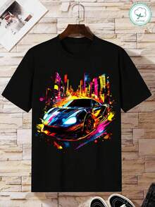 Tween Boy Round Neck Race Car Printed Summer Casual Short Sleeve T-Shirt - Black - View 5