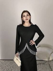 SHEIN Elenzya 优雅浪漫修身珍珠流苏装饰圆领长袖A字连衣裙，适合女士参加派对和正式场合。 - 黑色 - 查看 6
