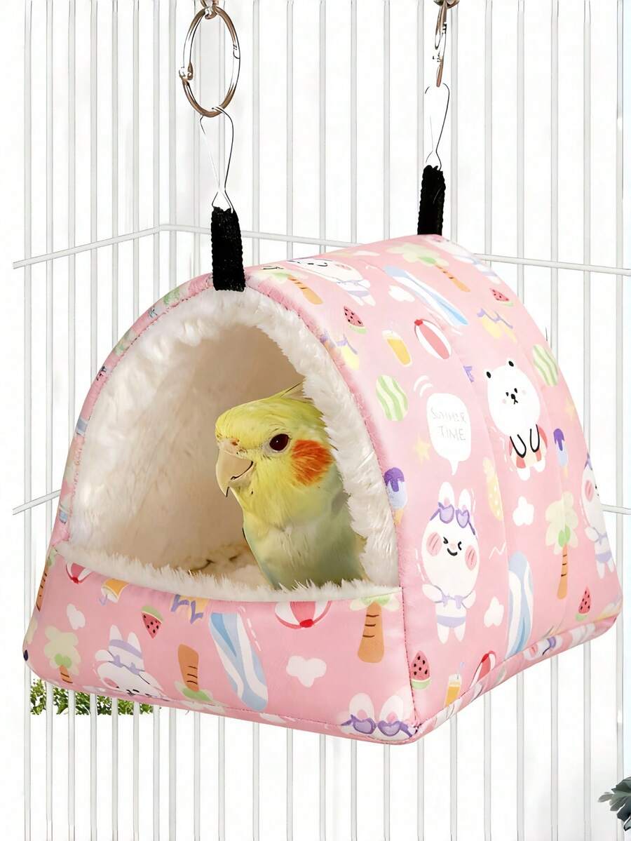 1件卡通印花毛绒全覆盖三角吊床睡袋，适用于鹦鹉、仓鼠、小型宠物鸟类，秋冬季适用 - 粉色兔子 - 查看 1