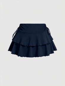 SHEIN PETITE CURVE 抽绳和折叠细节纯色蛋糕裙 - 寶藍色 - 查看 4